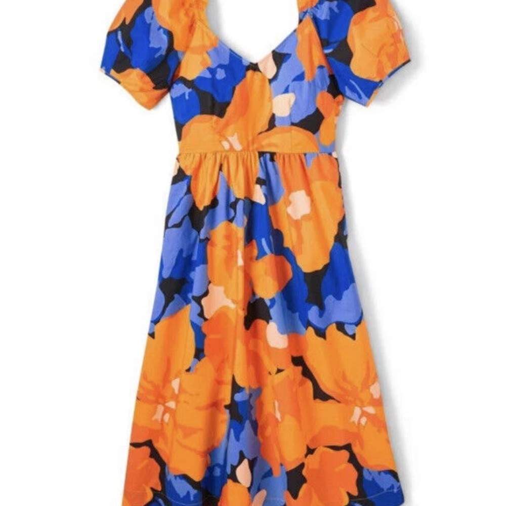 Vibrant Orange and Blue Floral Midi Dress - Picture 2 of 5